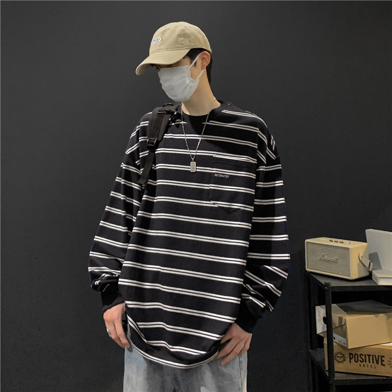 T-shirt à manches longues rayé en coton pour homme Style décontracté, idéal comme haut ou sous-couche