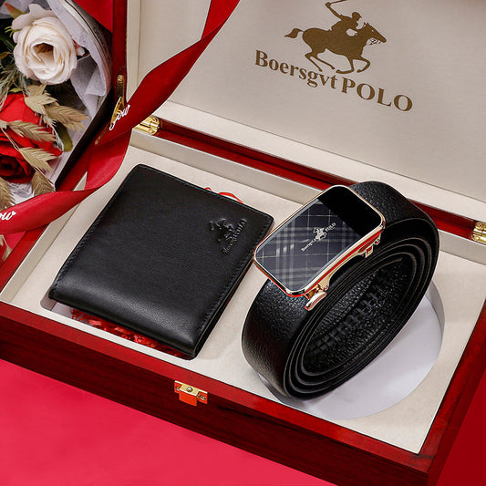 Ceinture en cuir Paul avec portefeuille pour homme, boucle automatique, motif à carreaux, cuir pleine fleur, ceinture pantalon, vente en gros, tendance business.