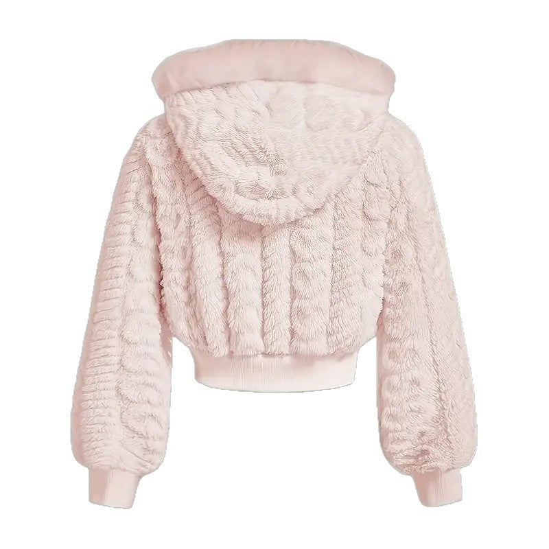 Manteau court rose en fausse fourrure style teddy Veste élégante pour femme, douce et tendance
