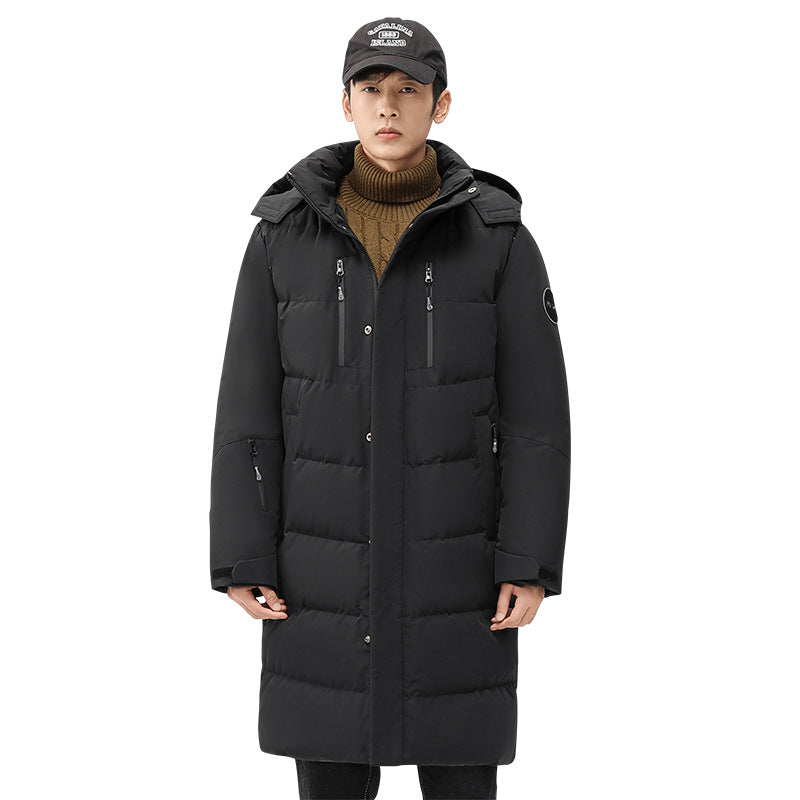 Medium length down jacket men's winter 2024 new trendy brand cold-proof thickened warm winter over-the-knee hooded jacket