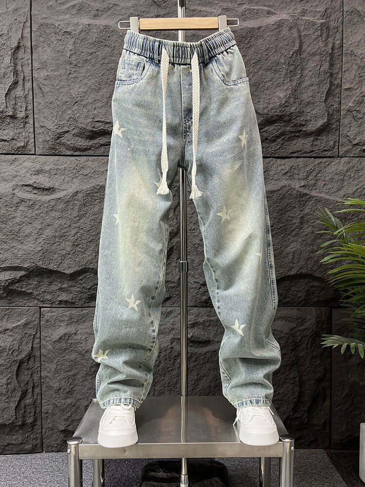 Loose straight leg jeans, men's spring, American, retro, trendy, casual trousers, men's trend, wide-leg, floor-length trousers