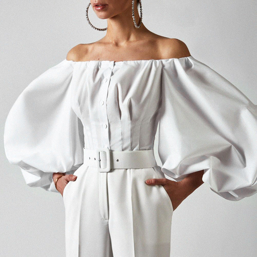 Cross-border 2022 spring and summer new design sense long sleeve bubble balloon sleeve leaky shoulder European and American women's shirt top top