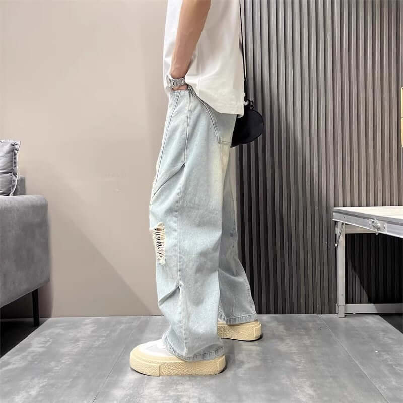 Cross border men's ripped jeans, American retro yellow mud washed ripped jeans, men's summer thin jeans, men
