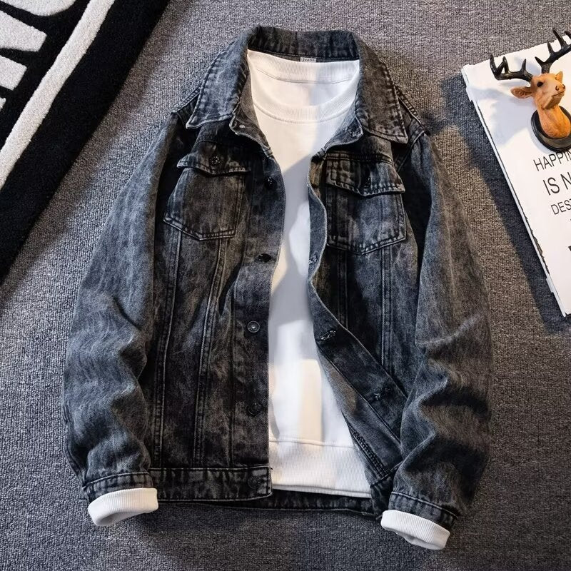 Veste en jean vintage jacquard pour homme, coupe ample et décontractée