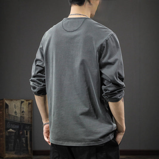 T-shirt à manches longues pour homme  En coton léger, coupe ample, col Henley, style décontracté et tendance