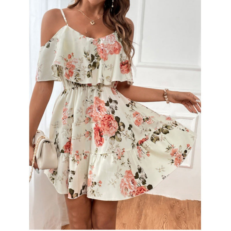 Robe camisole plissée, style bohème classique et doux, motif imprimé, épaules dénudées, inspirée de la mode européenne et américaine.