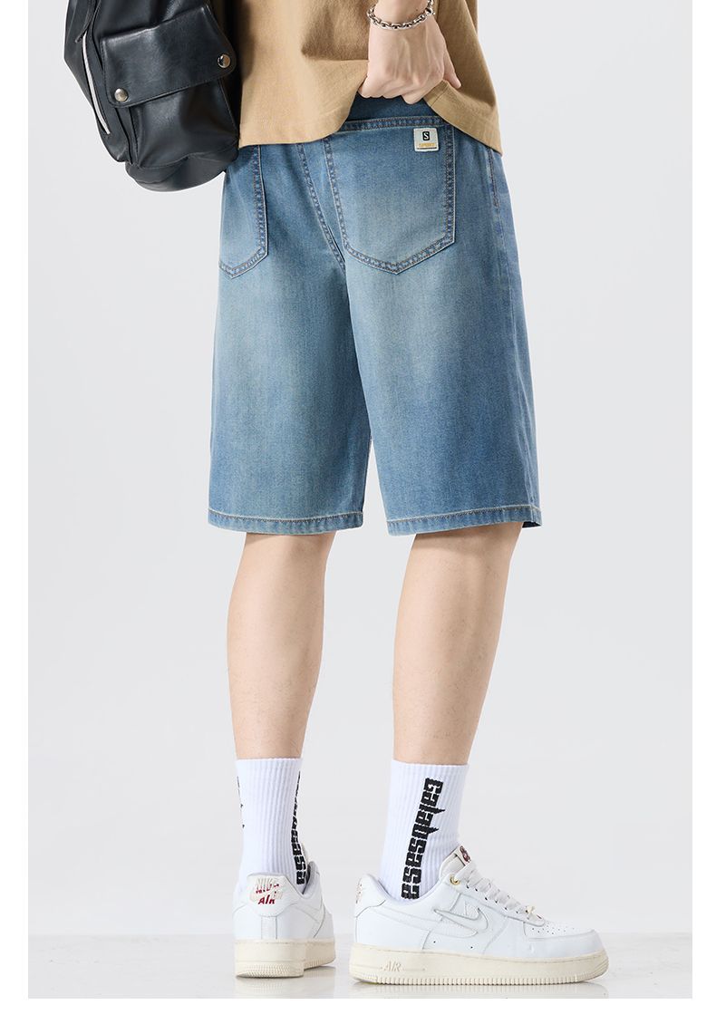 Short mi-long en denim Tencel pour homme Taille élastique, coupe ample et tendance, style décontracté