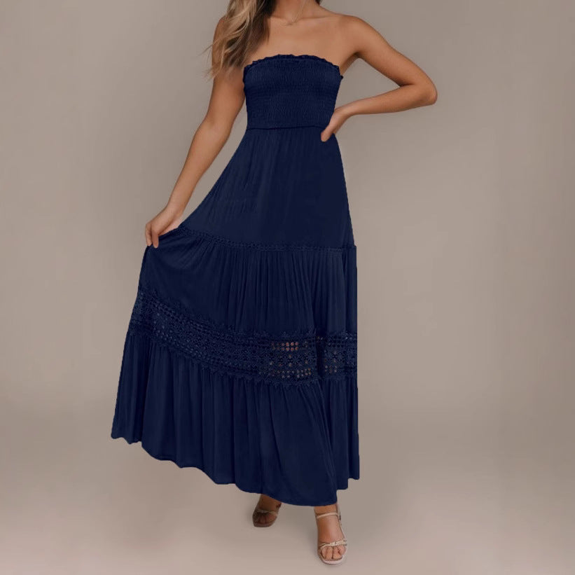 Robe longue sans manches, style bohème vintage, couleur unie, haut bandeau, taille cintrée et coupe élégante.
