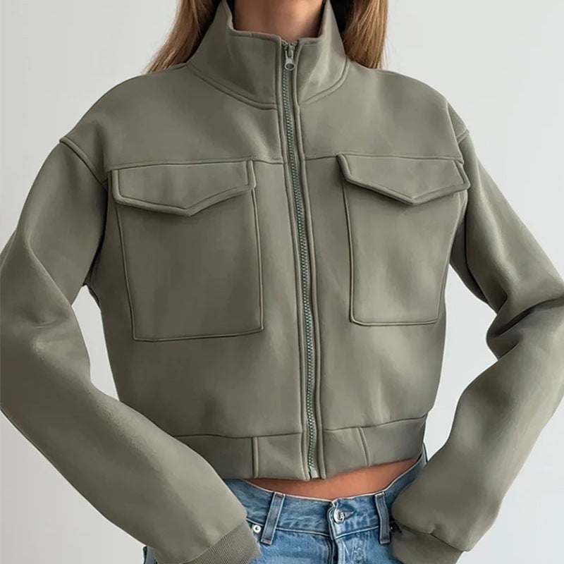 Veste Femme Décontractée Mode Européenne & Américaine, Uni, Fermeture Zippée, Manches Longues, Poches Décoratives