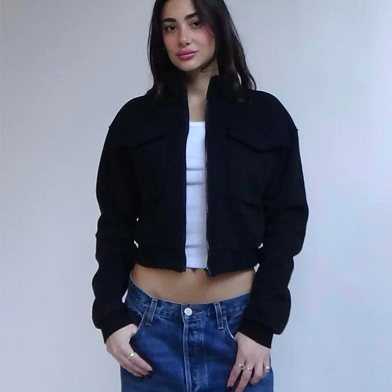 Veste Femme Décontractée Mode Européenne & Américaine, Uni, Fermeture Zippée, Manches Longues, Poches Décoratives