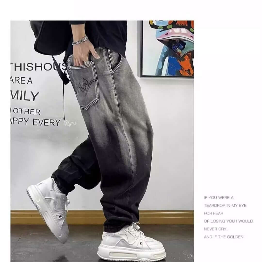 Plus size men's gradient trendy brand new versatile washed cargo jeans men's loose and fat wide-leg pants