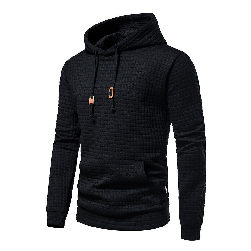 Sweat-shirt homme décontracté coupe européenne, tissu matelassé à motif carreaux, style jacquard, capuche intégrée, confortable et adapté aux looks urbains.