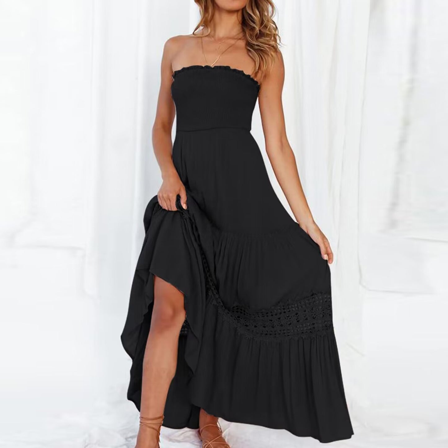 Robe longue sans manches, style bohème vintage, couleur unie, haut bandeau, taille cintrée et coupe élégante.