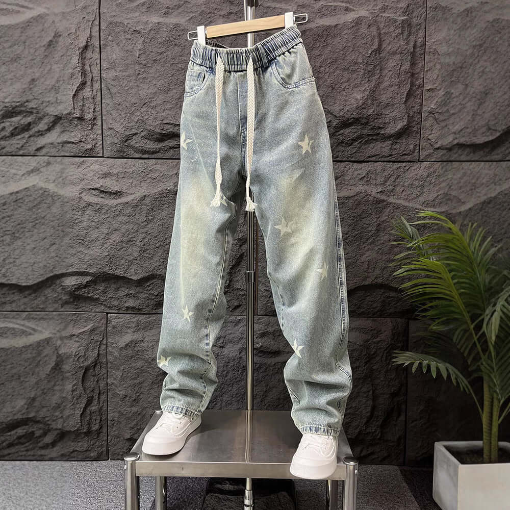 Loose straight leg jeans, men's spring, American, retro, trendy, casual trousers, men's trend, wide-leg, floor-length trousers