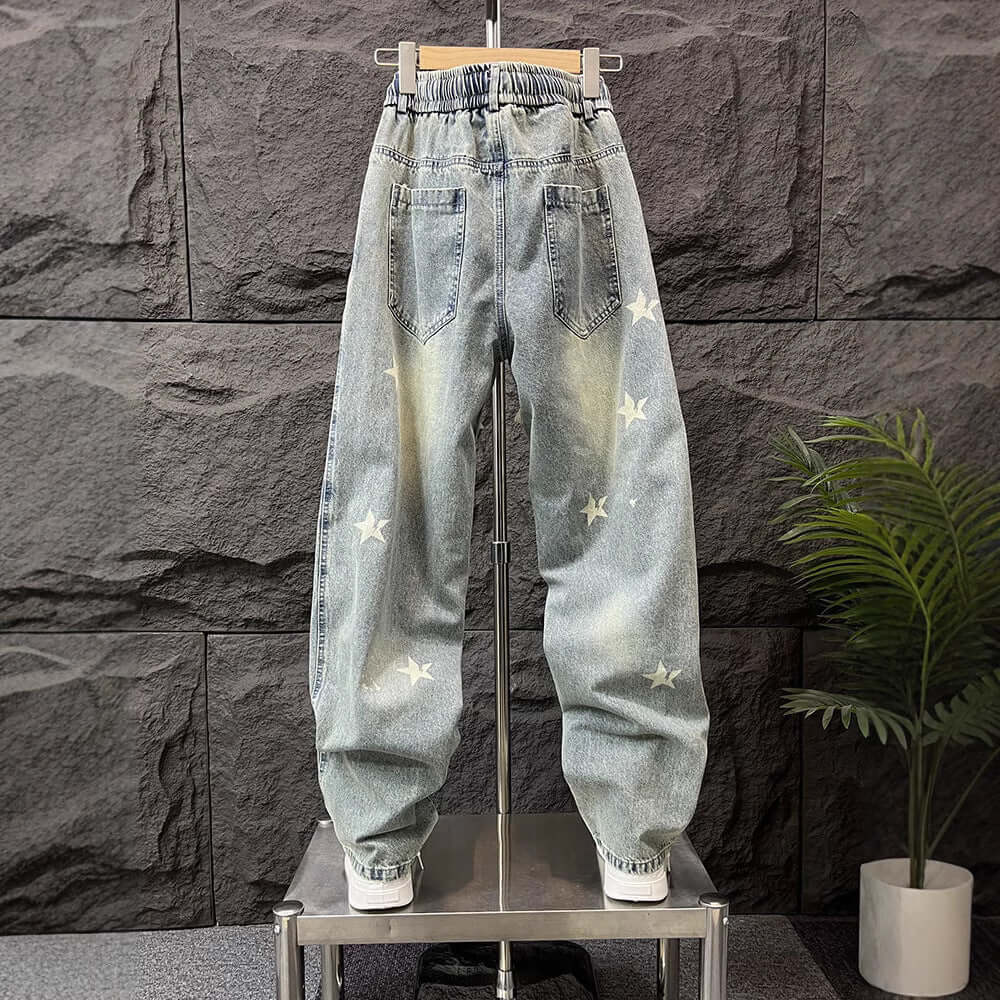Loose straight leg jeans, men's spring, American, retro, trendy, casual trousers, men's trend, wide-leg, floor-length trousers
