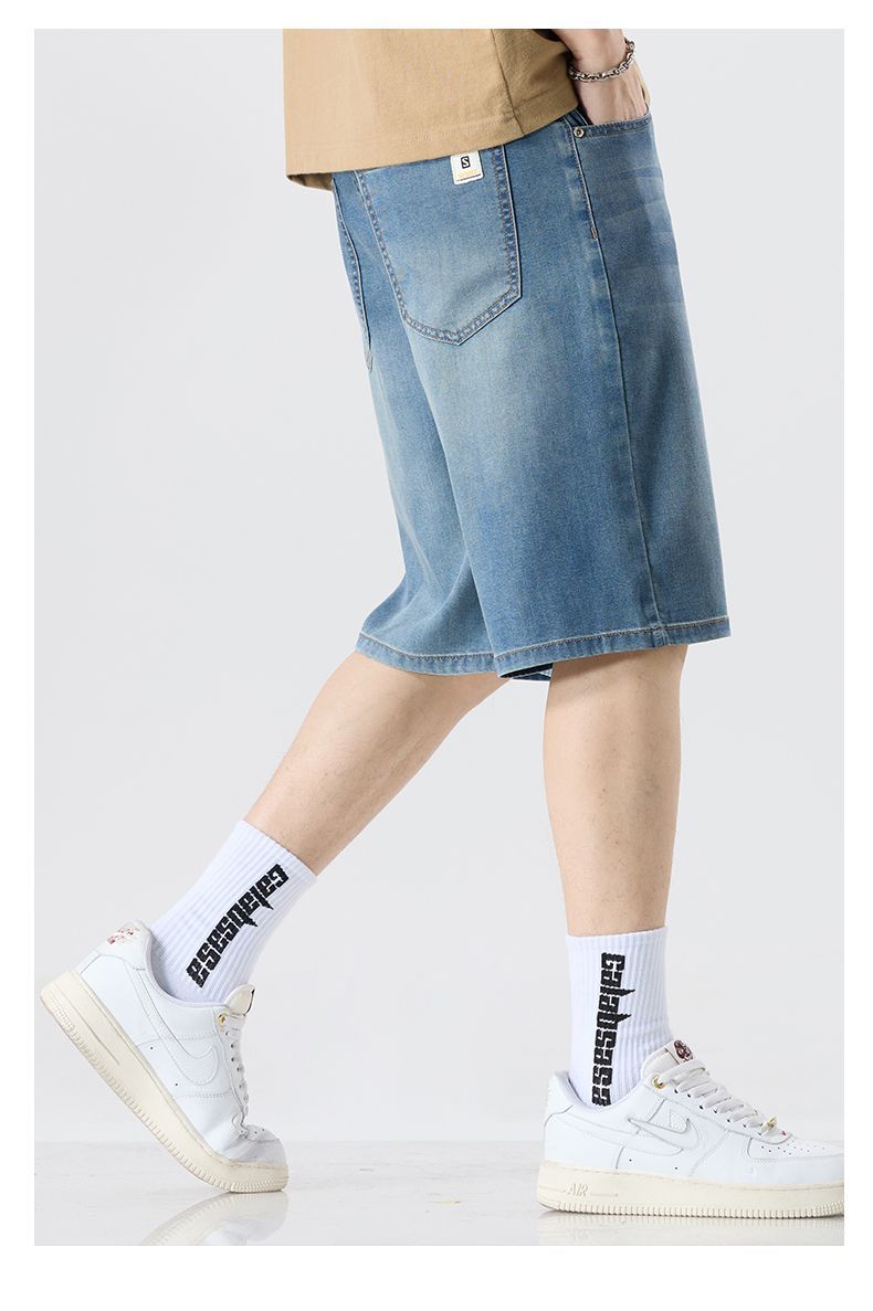Short mi-long en denim Tencel pour homme Taille élastique, coupe ample et tendance, style décontracté