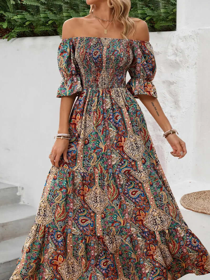 2024 European and American cross-border temu women's clothing hot sale exotic bohemian resort style one-shoulder princess sleeve dress