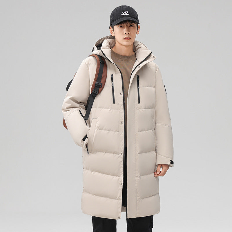 Medium length down jacket men's winter 2024 new trendy brand cold-proof thickened warm winter over-the-knee hooded jacket