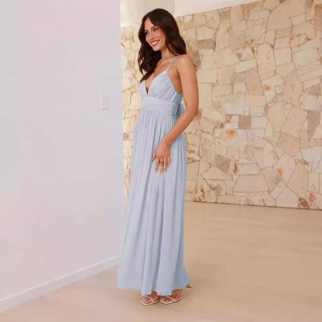 Robe d'été pour femme, style européen et américain, dos nu à fines bretelles, taille cintrée, en chiffon léger, coupe fluide et élégante.