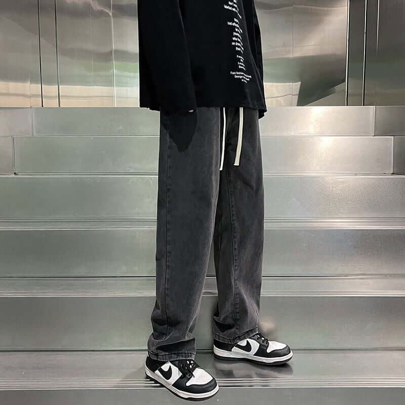 Shopee with black and gray jeans men's summer loose straight-leg trousers, trendy brand high street vibe style pants men
