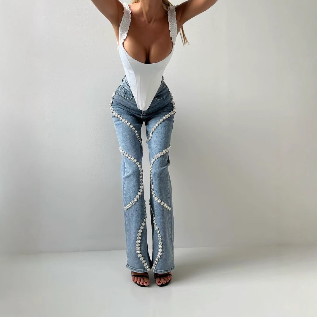 Jean Femme Droit à Strass Style Tendance Européen et Américain