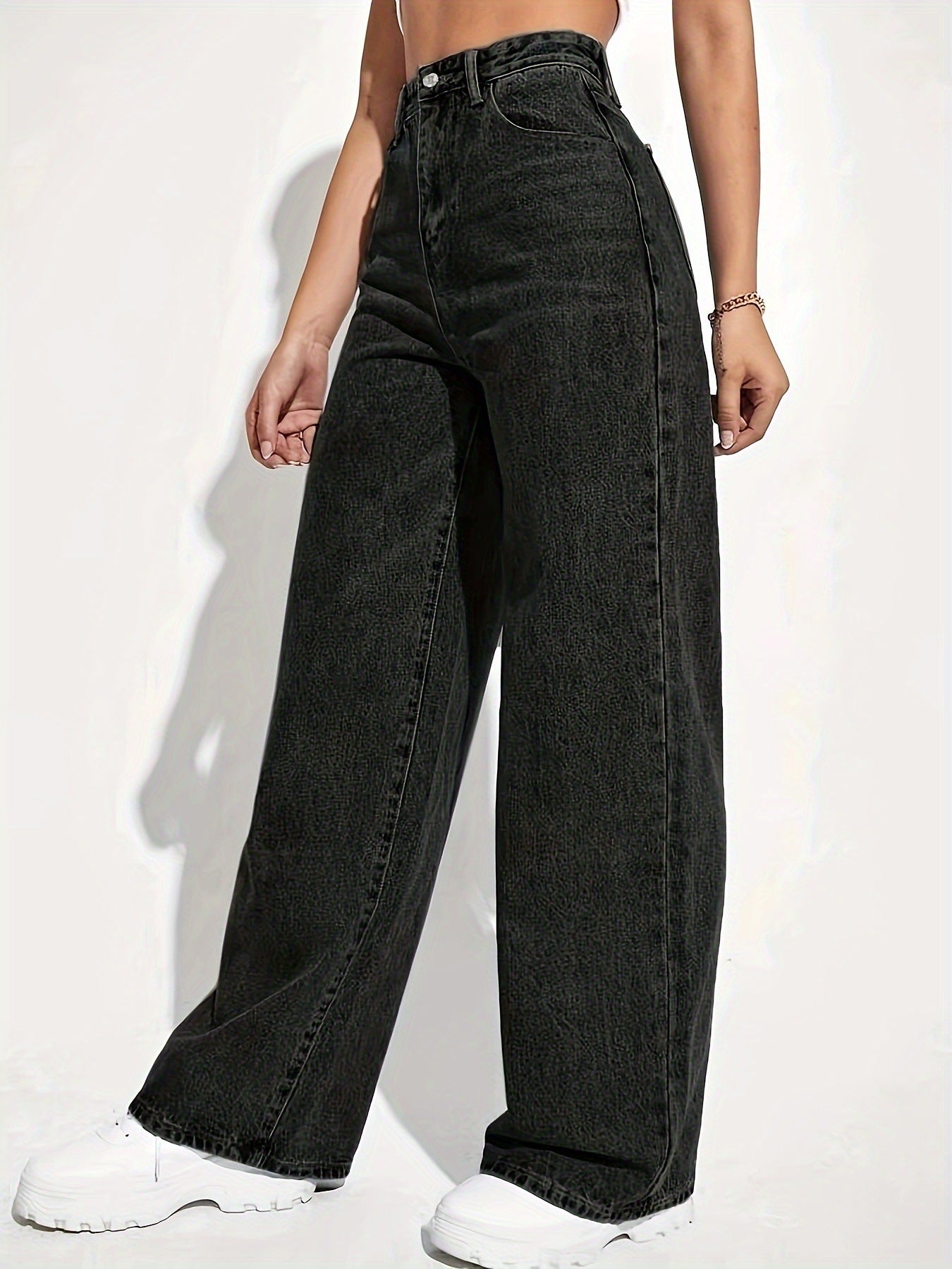 Jean droit femme Coupe large, effet délavé vintage, style rétro décontracté, pantalon polyvalent mode