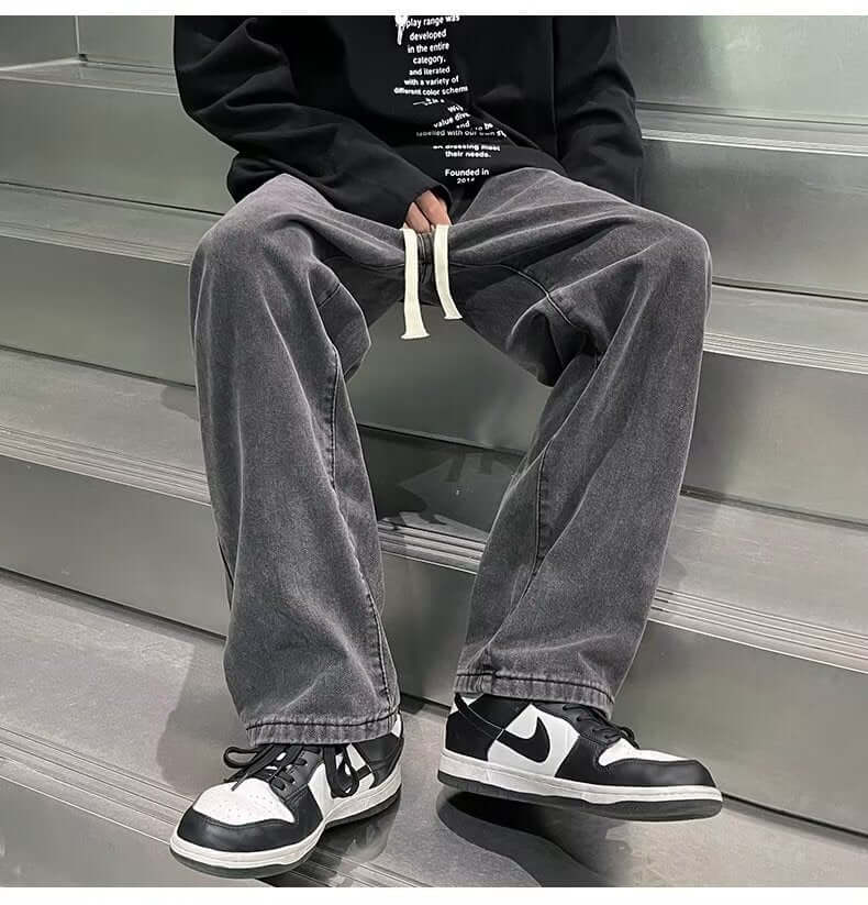 Shopee with black and gray jeans men's summer loose straight-leg trousers, trendy brand high street vibe style pants men