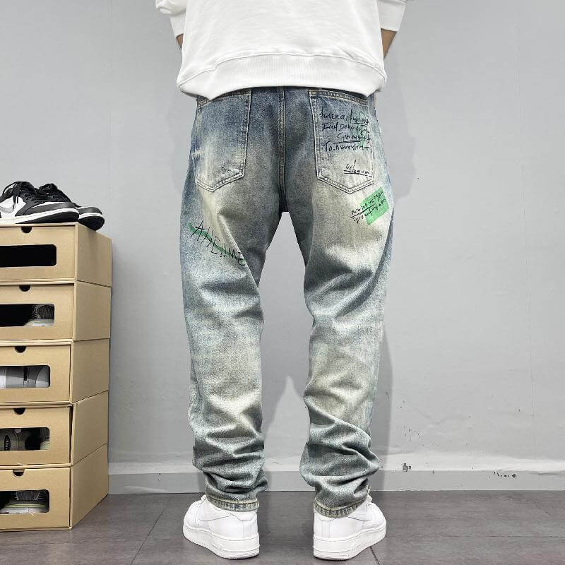 American retro street personality print straight-leg jeans, men's loose wash, frayed high street hip-hop trousers