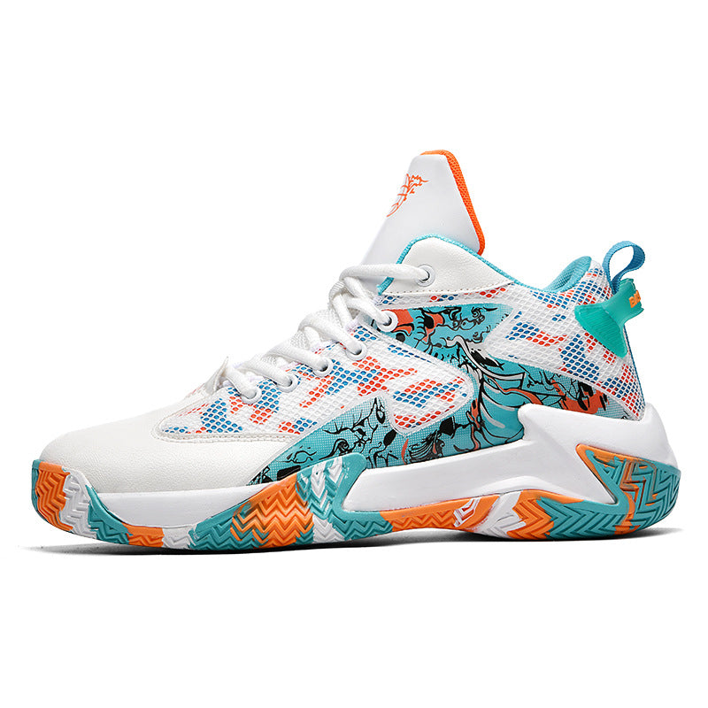 Baskets de basketball en mesh respirant, antidérapantes avec absorption des chocs, résistantes à l’usure, style ballon avec motif graffiti, sneakers jeunesse au style original.
