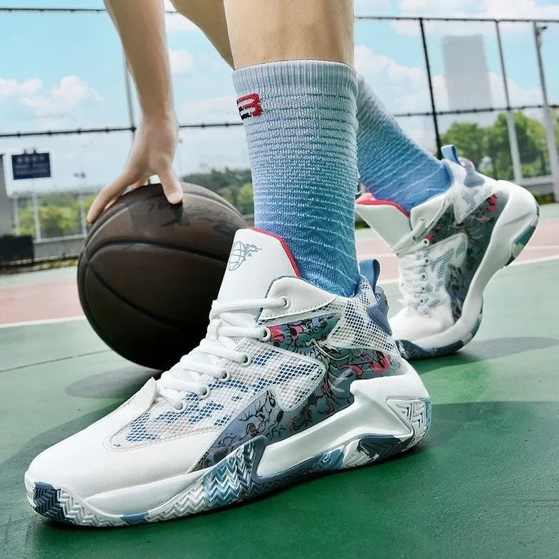 Baskets de basketball en mesh respirant, antidérapantes avec absorption des chocs, résistantes à l’usure, style ballon avec motif graffiti, sneakers jeunesse au style original.
