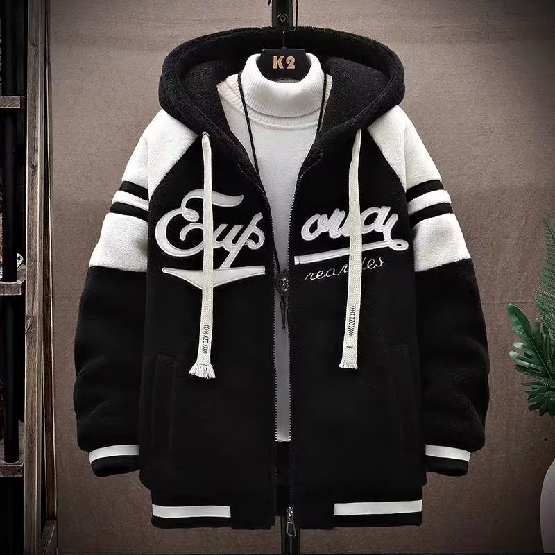 Veste à capuche en laine dagneau pour homme Épaisse, chaude, avec broderie, coupe ample et fermeture éclair