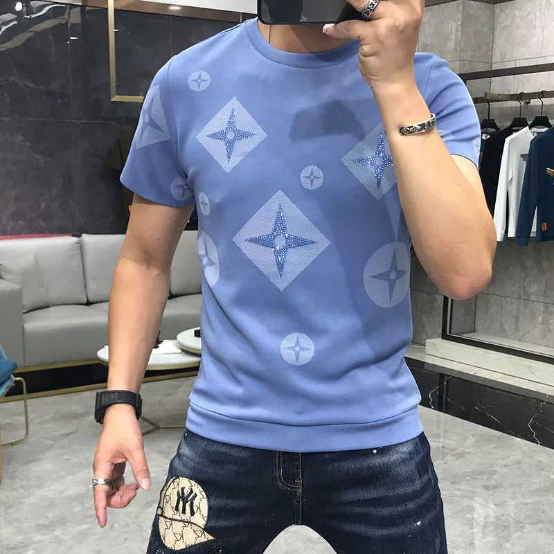 European station short sleeve men's t male couple wear 2025 spring and summer new personality hot brick print slim base