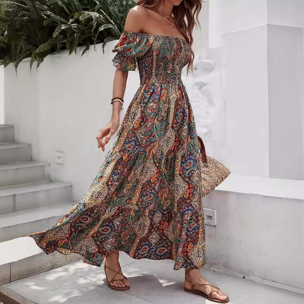 2024 European and American cross-border temu women's clothing hot sale exotic bohemian resort style one-shoulder princess sleeve dress