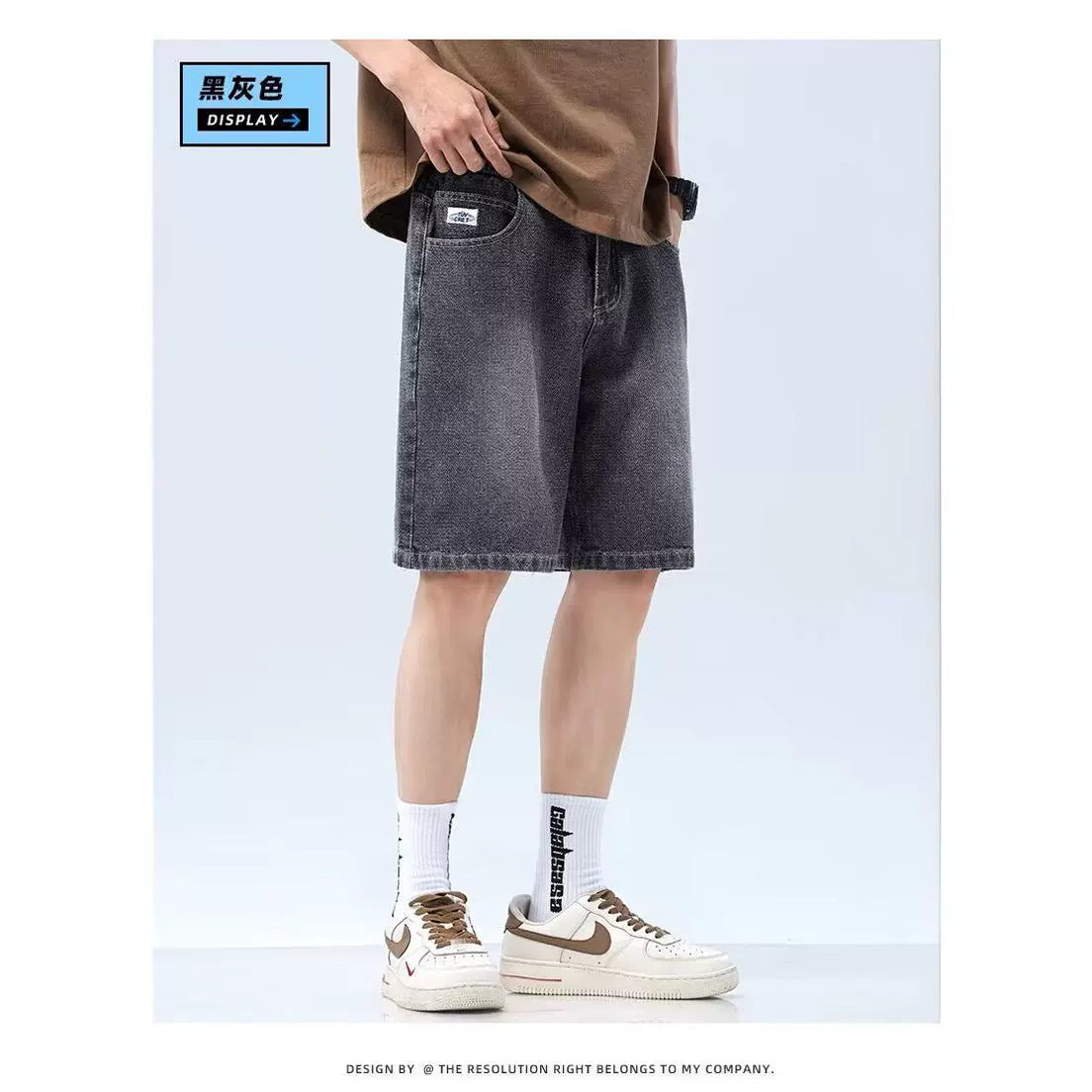 Summer new retro denim cropped shorts men's loose wide-leg niche design sense straight pants trend ins