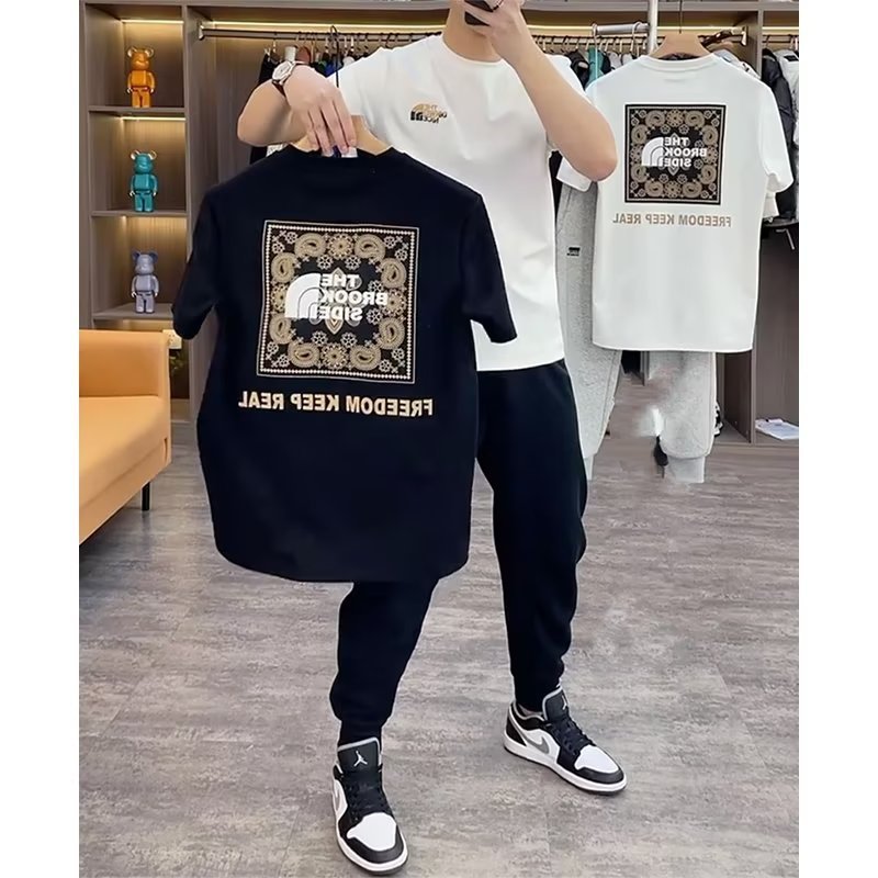 Round neck, five-quarter sleeves, trendy fashion, brand t-shirt, men's standard, summer, cityscape, letters, youth, fashion, everyday