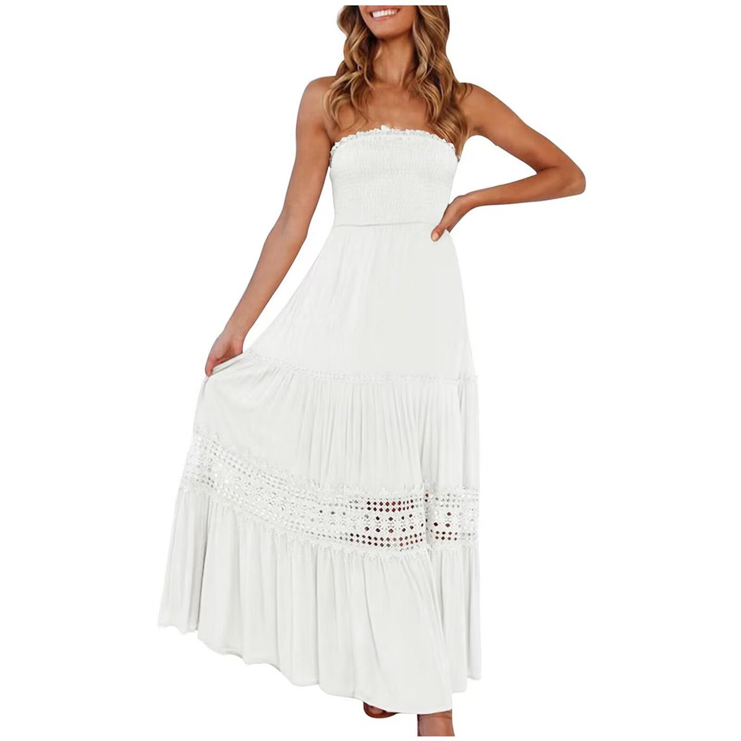 Robe longue sans manches, style bohème vintage, couleur unie, haut bandeau, taille cintrée et coupe élégante.