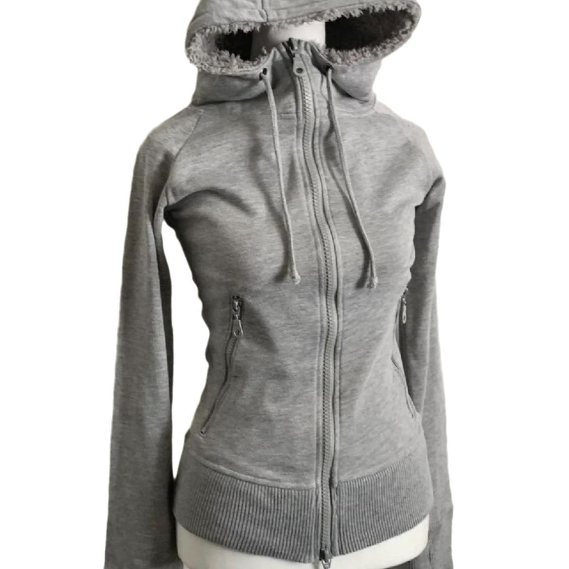 Cardigan vintage à capuche pour printemps et automne En laine dagneau grise, double fermeture éclair, taille cintrée, style rétro et chic