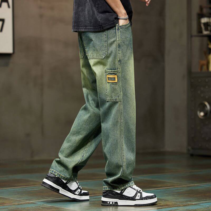Korean version of cargo jeans spring and autumn new men's loose and versatile straight pants trend high-waisted men's pants four seasons