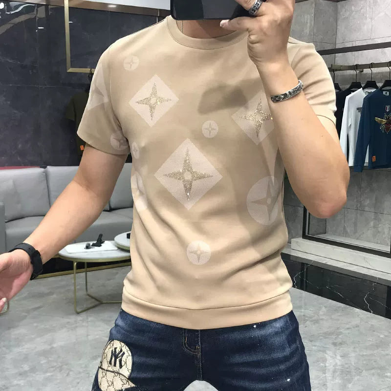 European station short sleeve men's t male couple wear 2025 spring and summer new personality hot brick print slim base