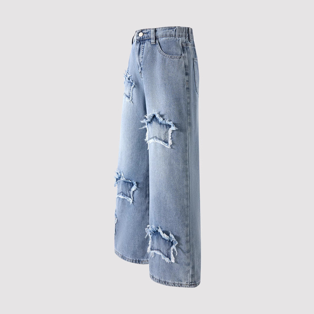 Jean Large à Taille Élastique avec Décoration Étoilée Style Tendance pour Adolescentes