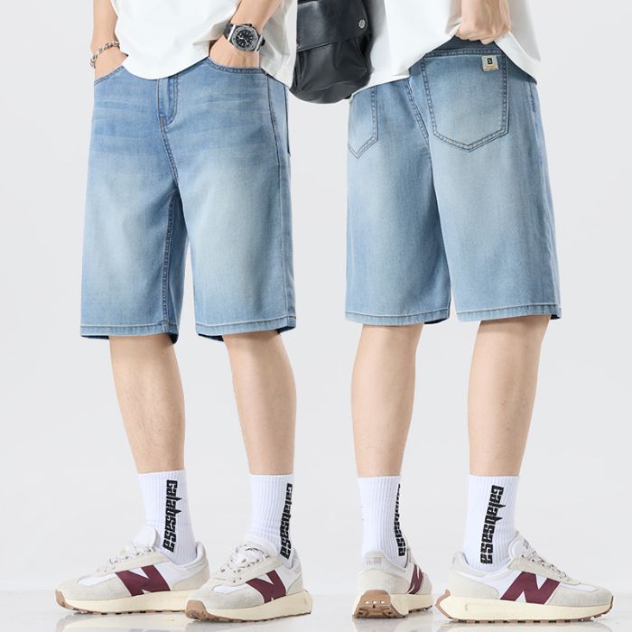 Short mi-long en denim Tencel pour homme Taille élastique, coupe ample et tendance, style décontracté
