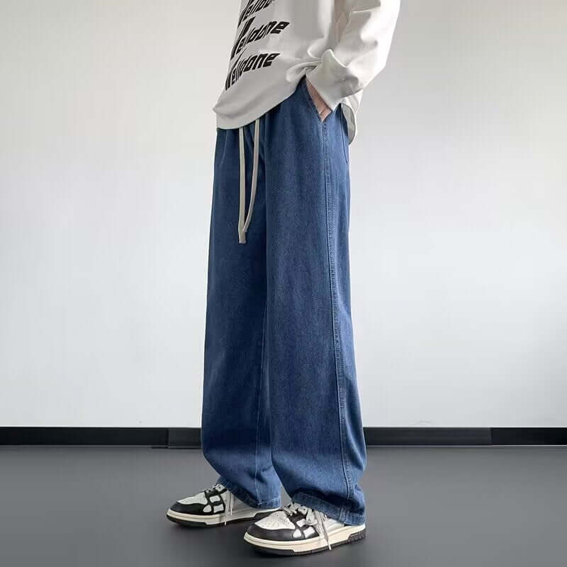 Shopee with black and gray jeans men's summer loose straight-leg trousers, trendy brand high street vibe style pants men