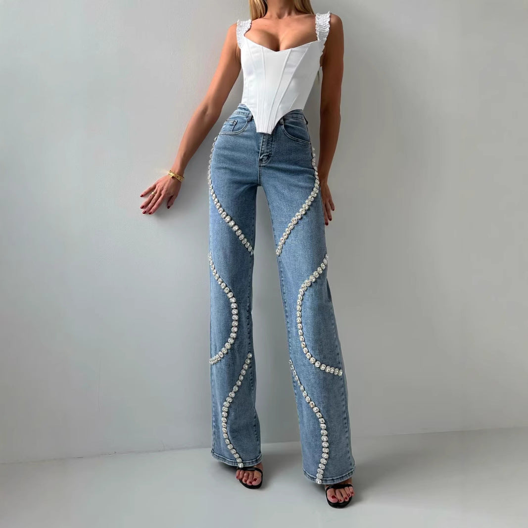 Jean Femme Droit à Strass Style Tendance Européen et Américain