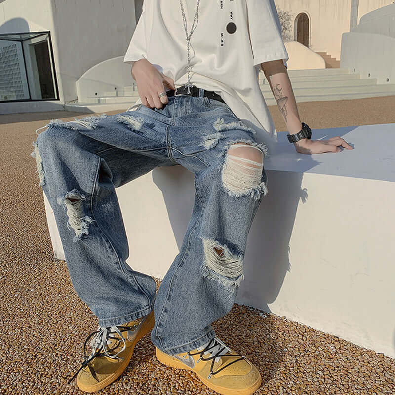 Ripped jeans, men's summer ins, high street, loose beggars, wide-leg pants, design sense, niche trendy brand straight pants