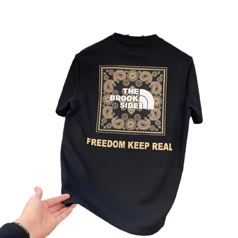 Round neck, five-quarter sleeves, trendy fashion, brand t-shirt, men's standard, summer, cityscape, letters, youth, fashion, everyday
