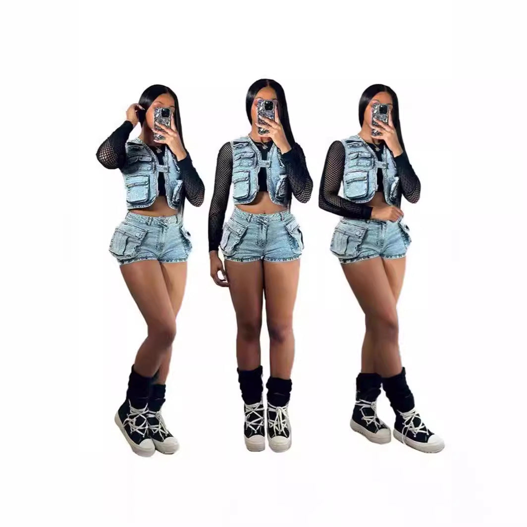 Ensemble Femme Débardeur & Short en Jean Stretch à Multi-Poches