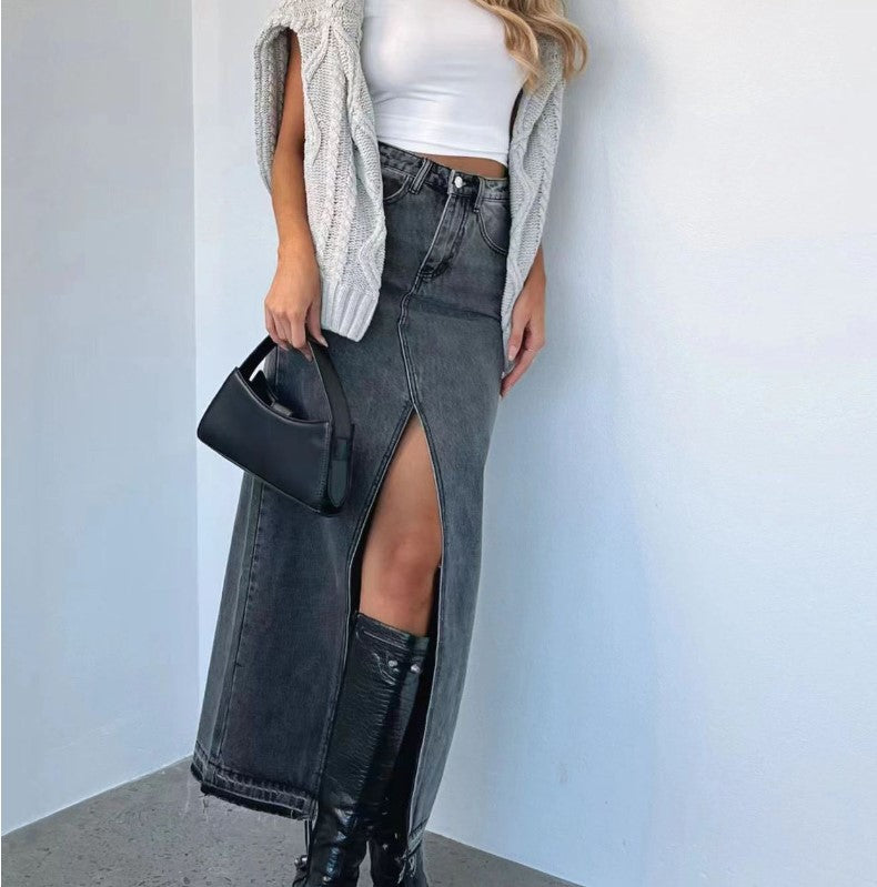 Jupe Longue en Jean avec Fente Taille Haute & Style Tendance