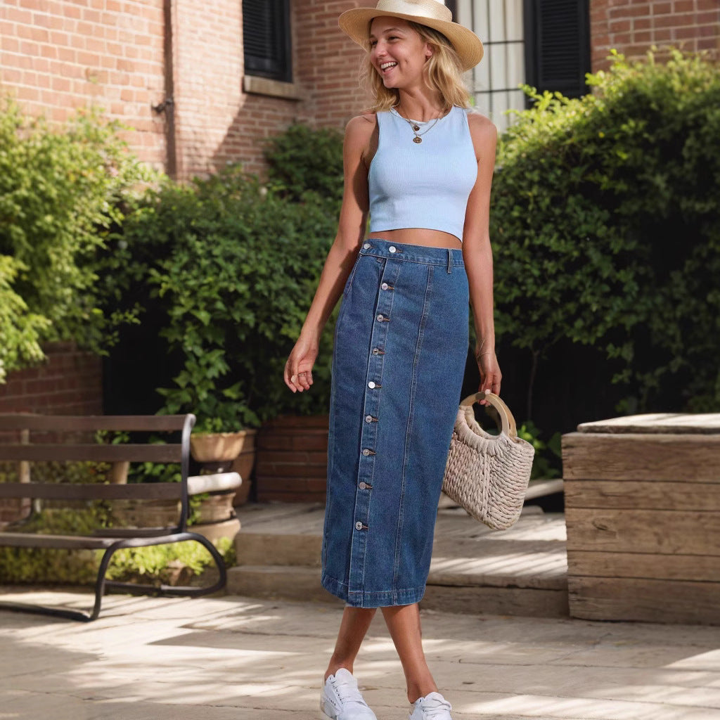 Jupe Longue en Jean Stretch Boutonnée & Élégante