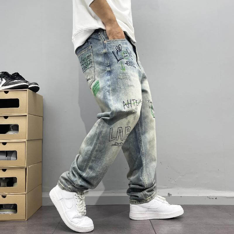 American retro street personality print straight-leg jeans, men's loose wash, frayed high street hip-hop trousers