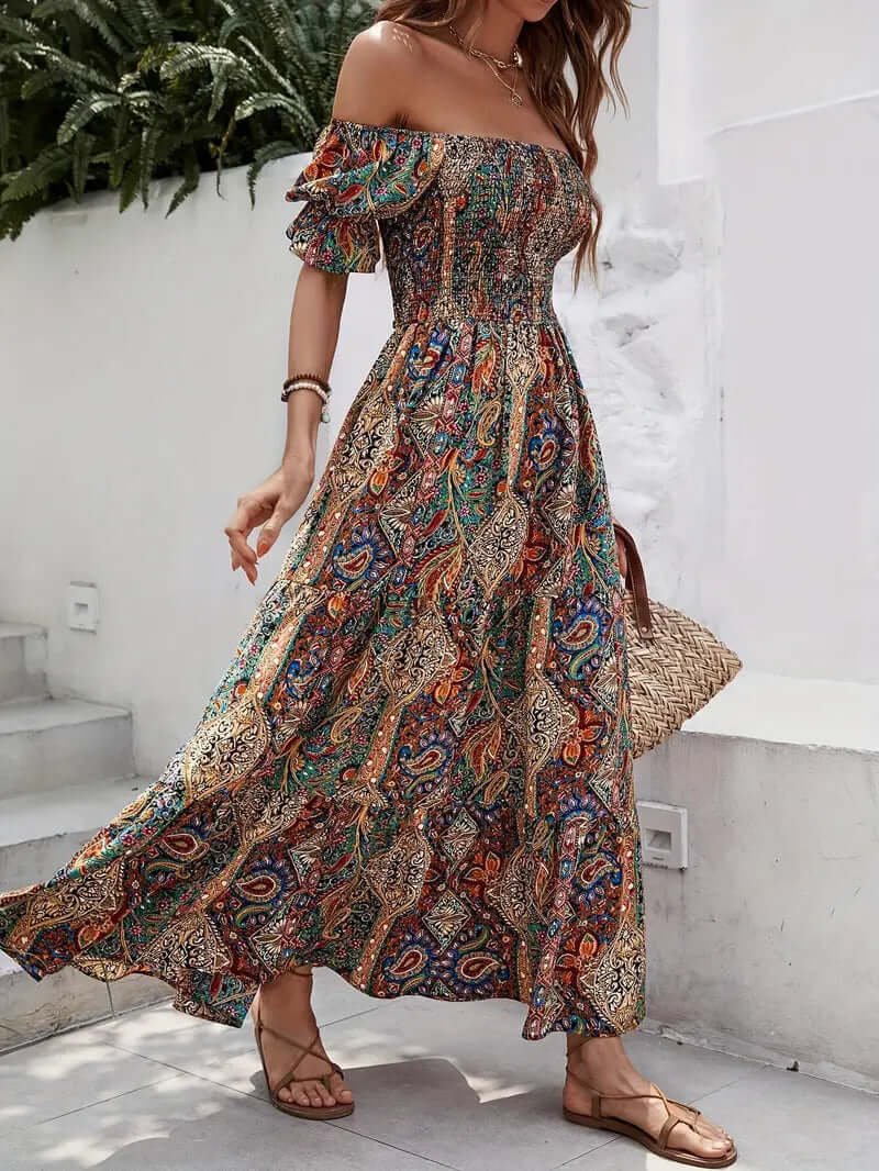 2024 European and American cross-border temu women's clothing hot sale exotic bohemian resort style one-shoulder princess sleeve dress